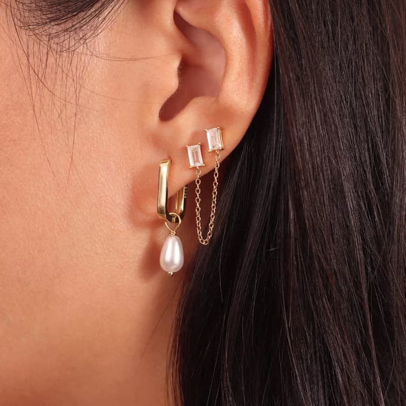 新年新款法式珍珠耳環耳扣 s925銀水滴珍珠幾何耳環 新年禮物