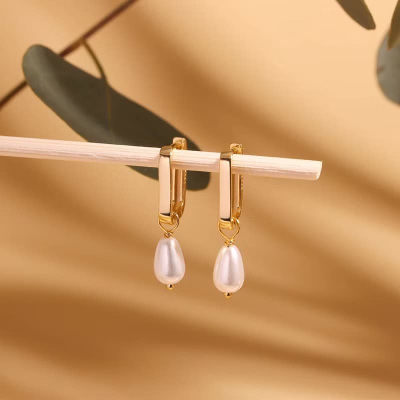 新年新款法式珍珠耳環耳扣 s925銀水滴珍珠幾何耳環 新年禮物