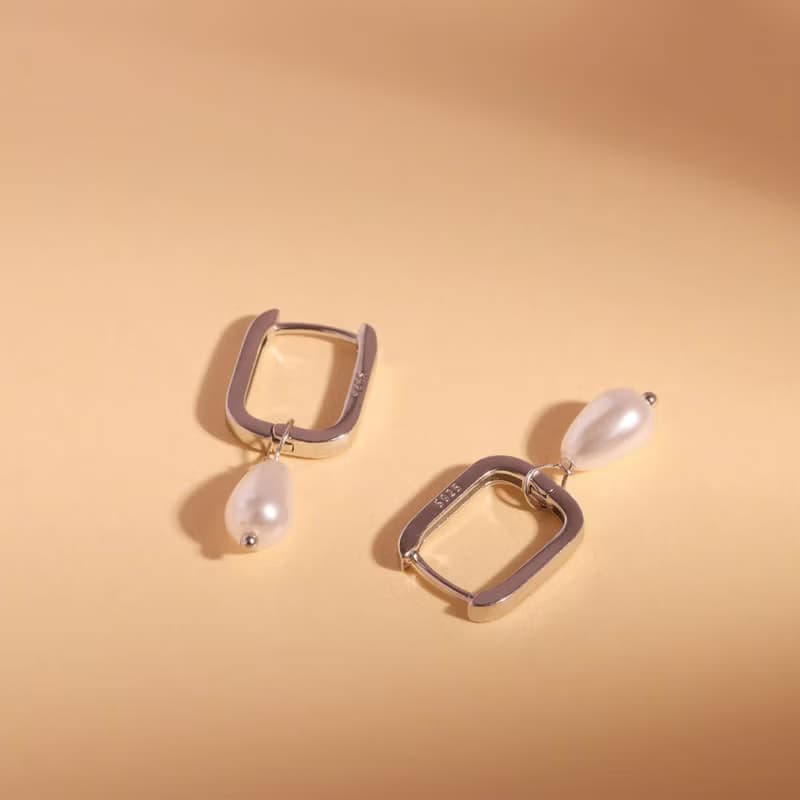 新年新款法式珍珠耳環耳扣 s925銀水滴珍珠幾何耳環 新年禮物