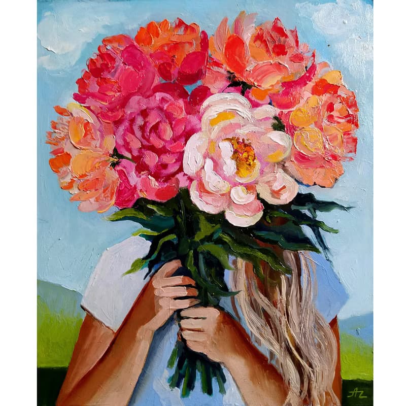 Peony Painting Girl Original Art Faceless portrait Floral Artwork Bouquet