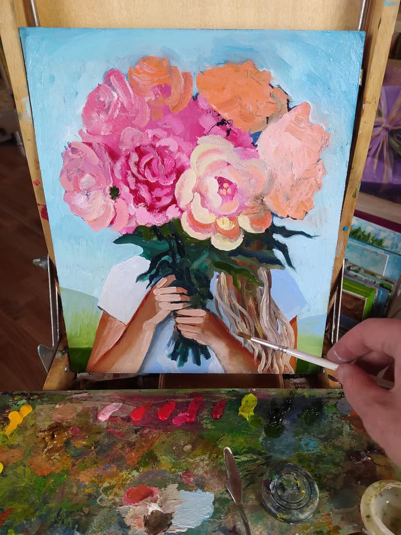 Peony Painting Girl Original Art Faceless portrait Floral Artwork Bouquet