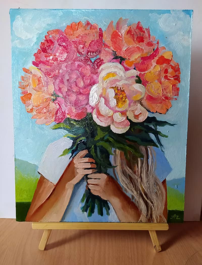 Peony Painting Girl Original Art Faceless portrait Floral Artwork Bouquet
