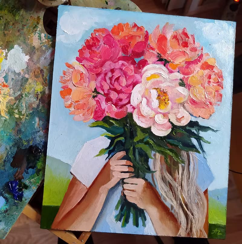 Peony Painting Girl Original Art Faceless portrait Floral Artwork Bouquet