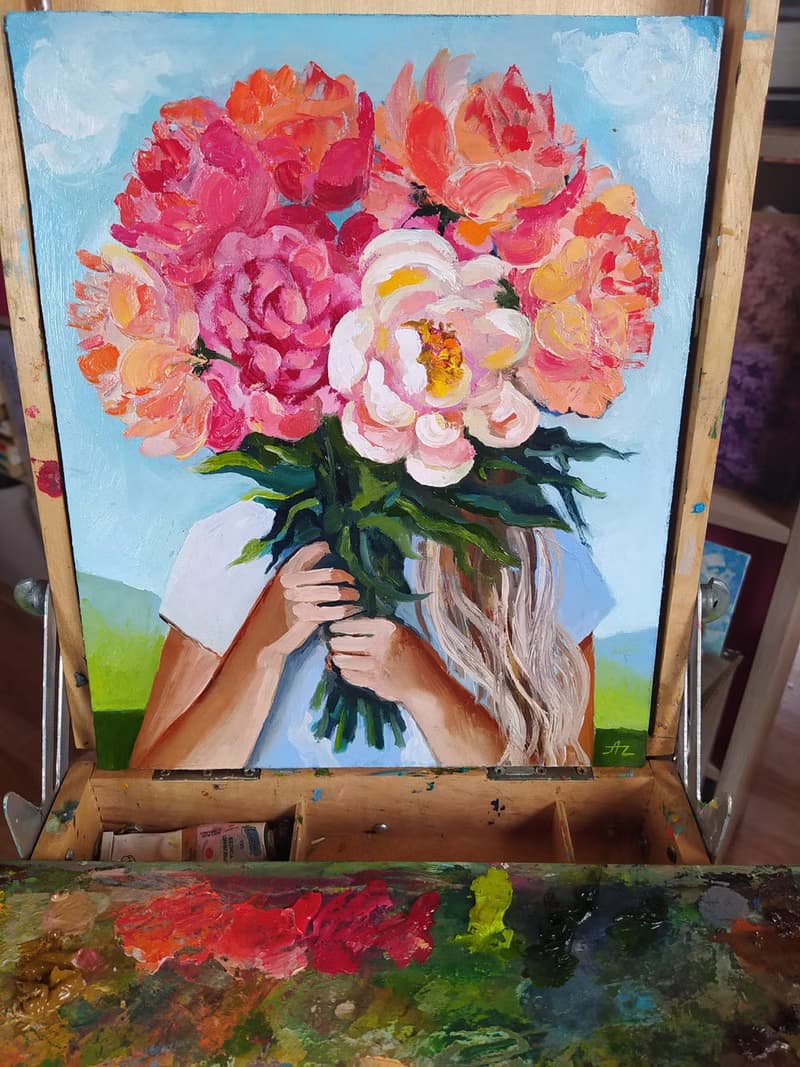 Peony Painting Girl Original Art Faceless portrait Floral Artwork Bouquet
