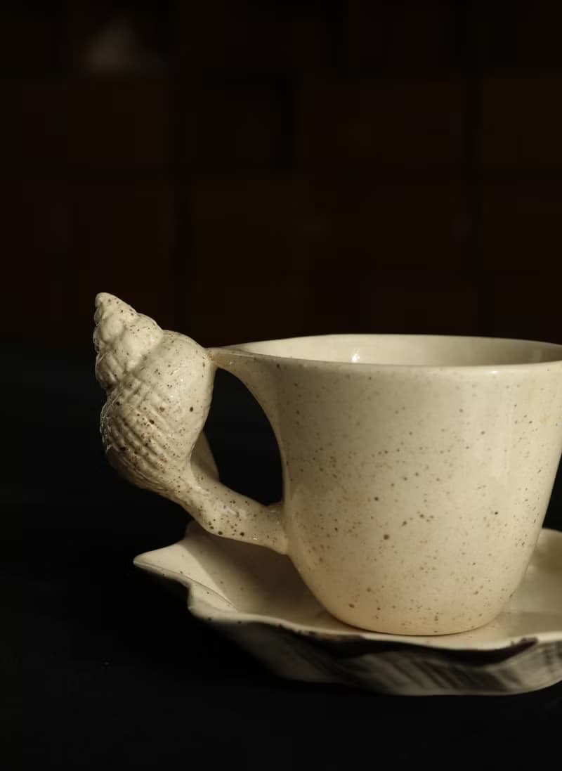 【Table】手作海螺紋理陶瓷咖啡杯碟套裝 - 海岸奶油色