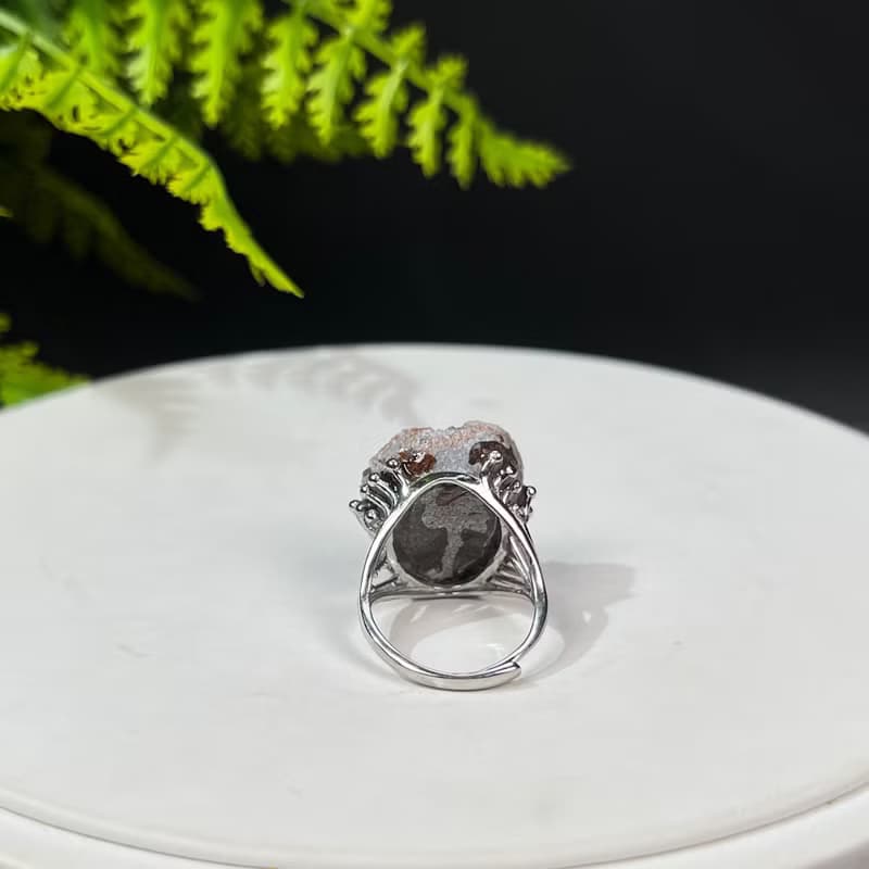 碧璽活口戒指 隨形星光閃片粉綠水晶原石標本礦物手工指環 S925銀
