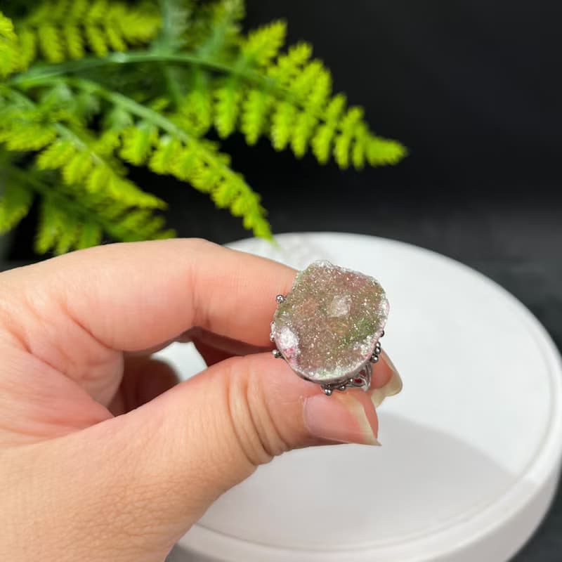 碧璽活口戒指 隨形星光閃片粉綠水晶原石標本礦物手工指環 S925銀