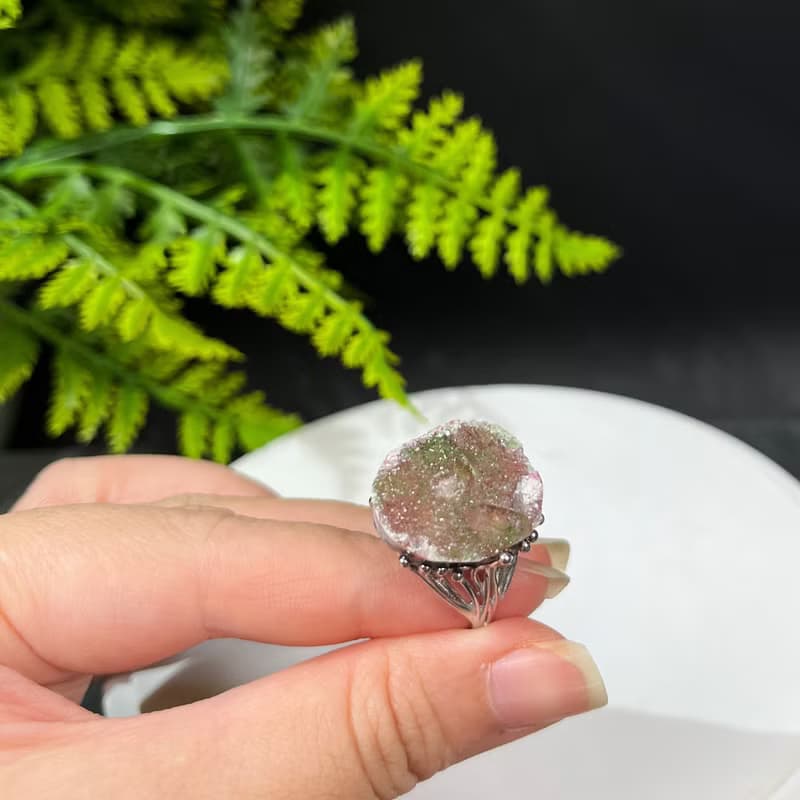 碧璽活口戒指 隨形星光閃片粉綠水晶原石標本礦物手工指環 S925銀