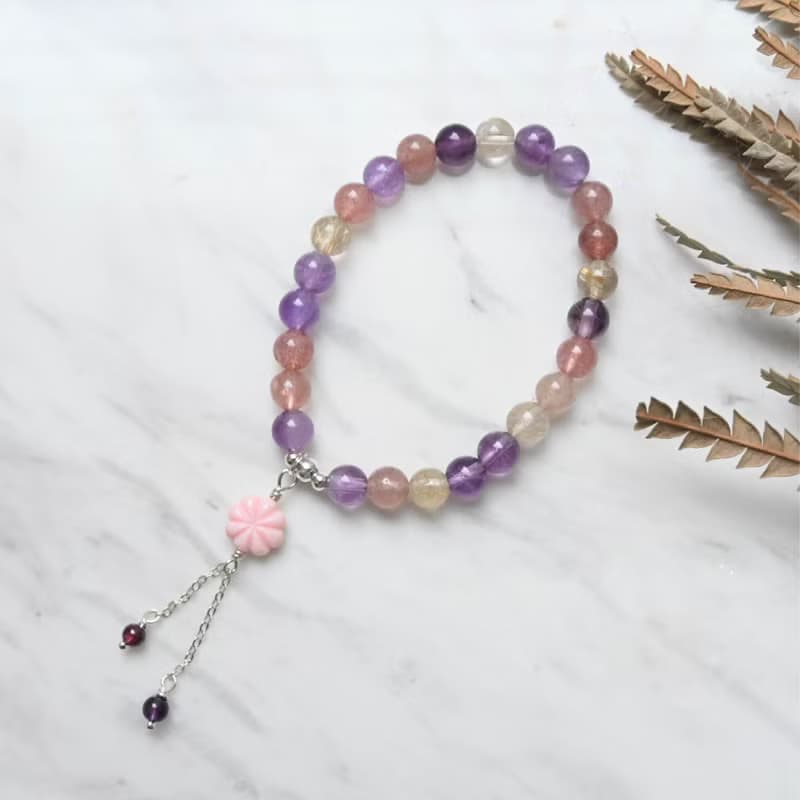 紫三輪骨幹手鍊/手環　草莓晶/鈦晶/紫水晶/紅石榴