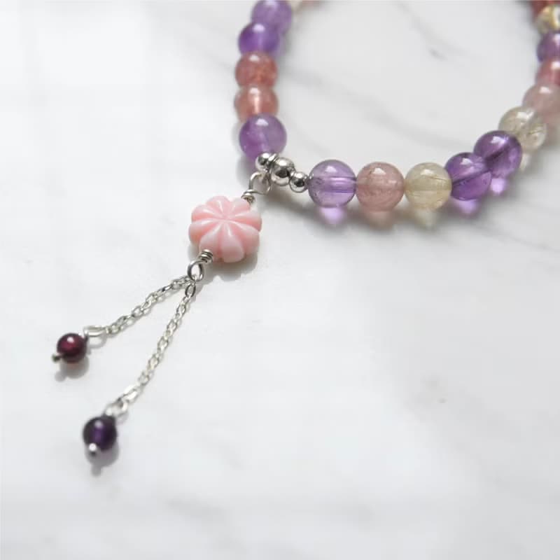 紫三輪骨幹手鍊/手環　草莓晶/鈦晶/紫水晶/紅石榴