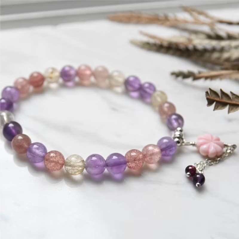 紫三輪骨幹手鍊/手環　草莓晶/鈦晶/紫水晶/紅石榴
