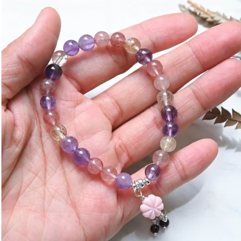 紫三輪骨幹手鍊/手環　草莓晶/鈦晶/紫水晶/紅石榴