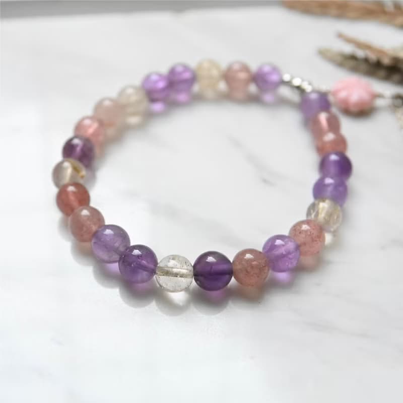 紫三輪骨幹手鍊/手環　草莓晶/鈦晶/紫水晶/紅石榴