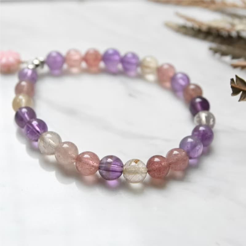 紫三輪骨幹手鍊/手環　草莓晶/鈦晶/紫水晶/紅石榴