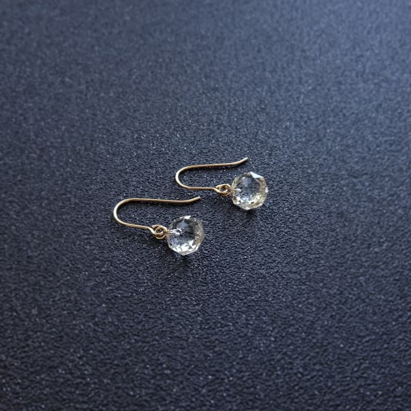 天然白水晶 八角八卦形切割 14K GF 包金 耳勾式耳環 (8x8)