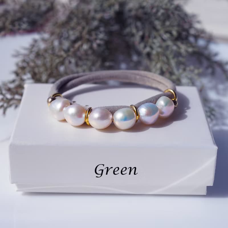 ブレスにも・選べる2色・大粒バロック真珠連なるヘアゴム　Blue/Green