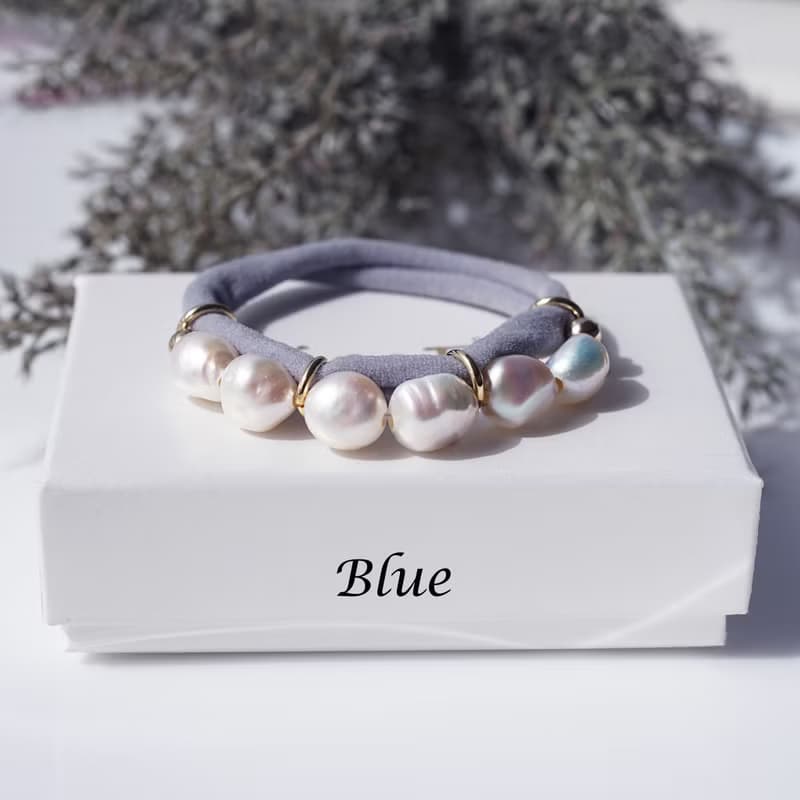 ブレスにも・選べる2色・大粒バロック真珠連なるヘアゴム　Blue/Green