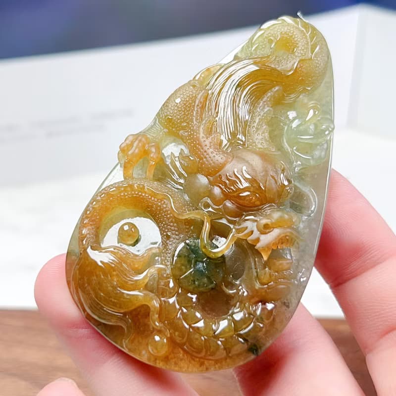冰三彩翡翠精雕霸王龍牌 | 天然緬甸玉翡翠A貨 | 送禮