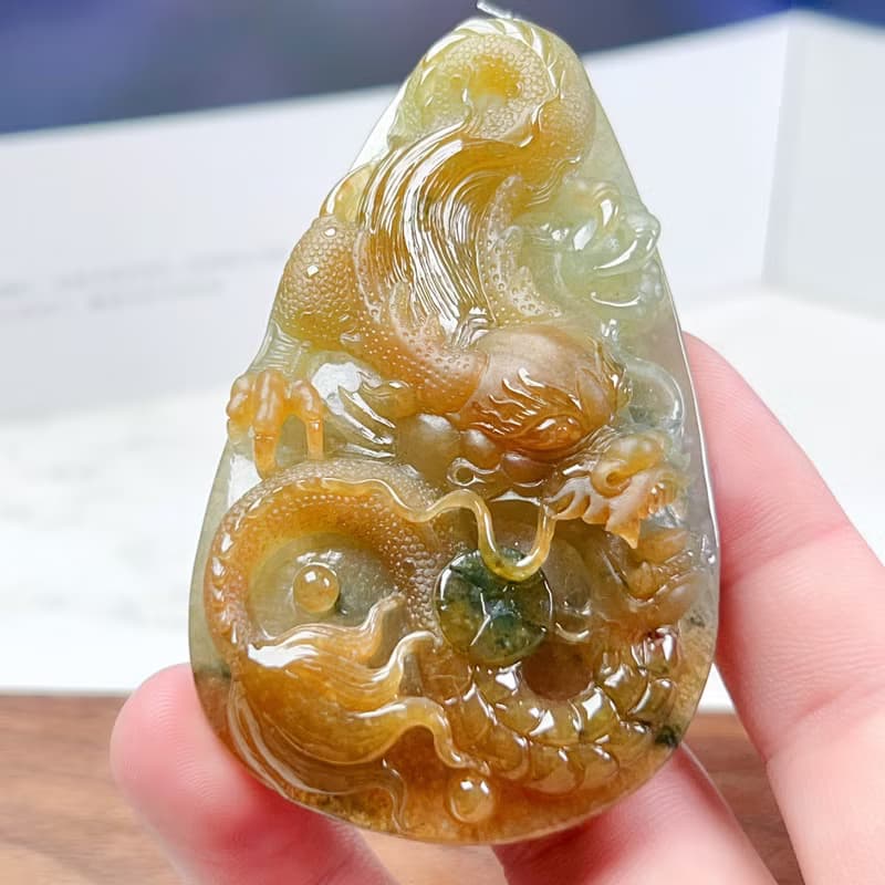 冰三彩翡翠精雕霸王龍牌 | 天然緬甸玉翡翠A貨 | 送禮
