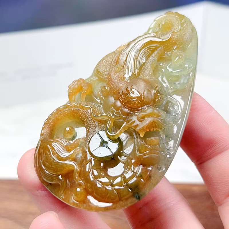 冰三彩翡翠精雕霸王龍牌 | 天然緬甸玉翡翠A貨 | 送禮