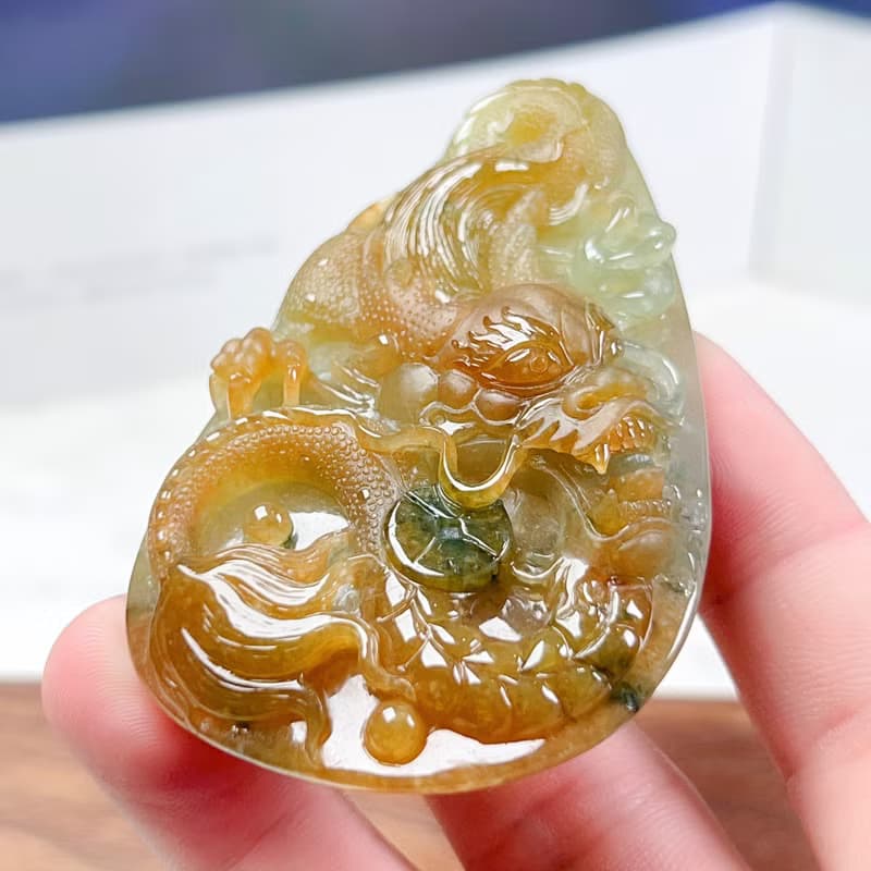 冰三彩翡翠精雕霸王龍牌 | 天然緬甸玉翡翠A貨 | 送禮