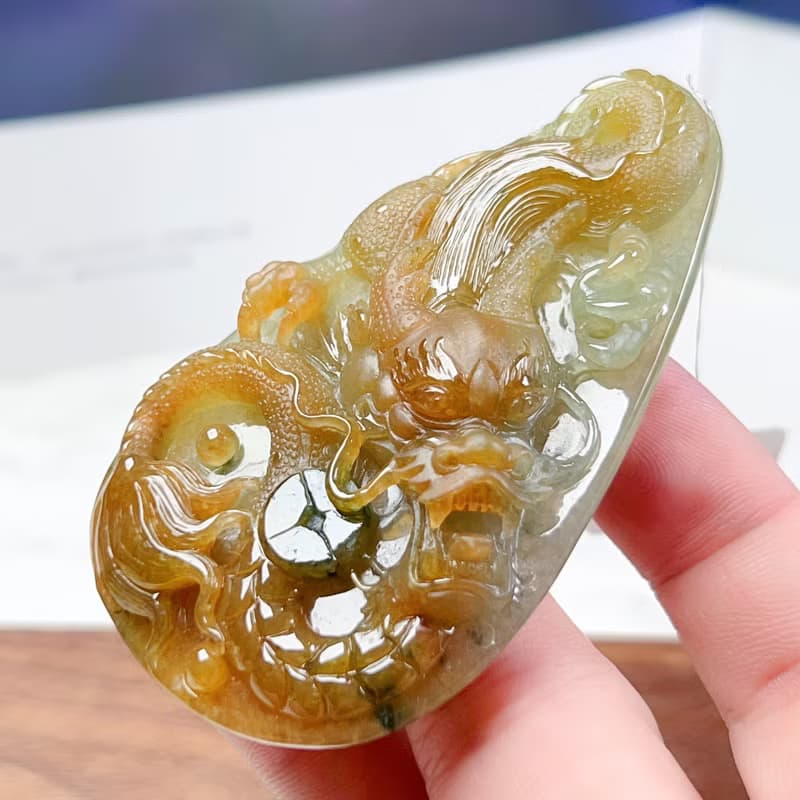 冰三彩翡翠精雕霸王龍牌 | 天然緬甸玉翡翠A貨 | 送禮