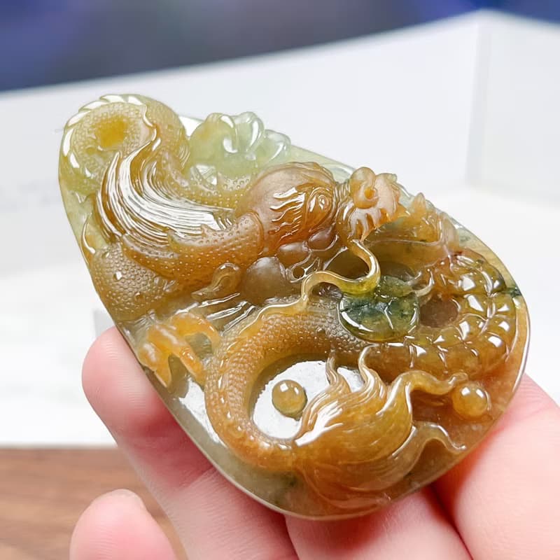 冰三彩翡翠精雕霸王龍牌 | 天然緬甸玉翡翠A貨 | 送禮