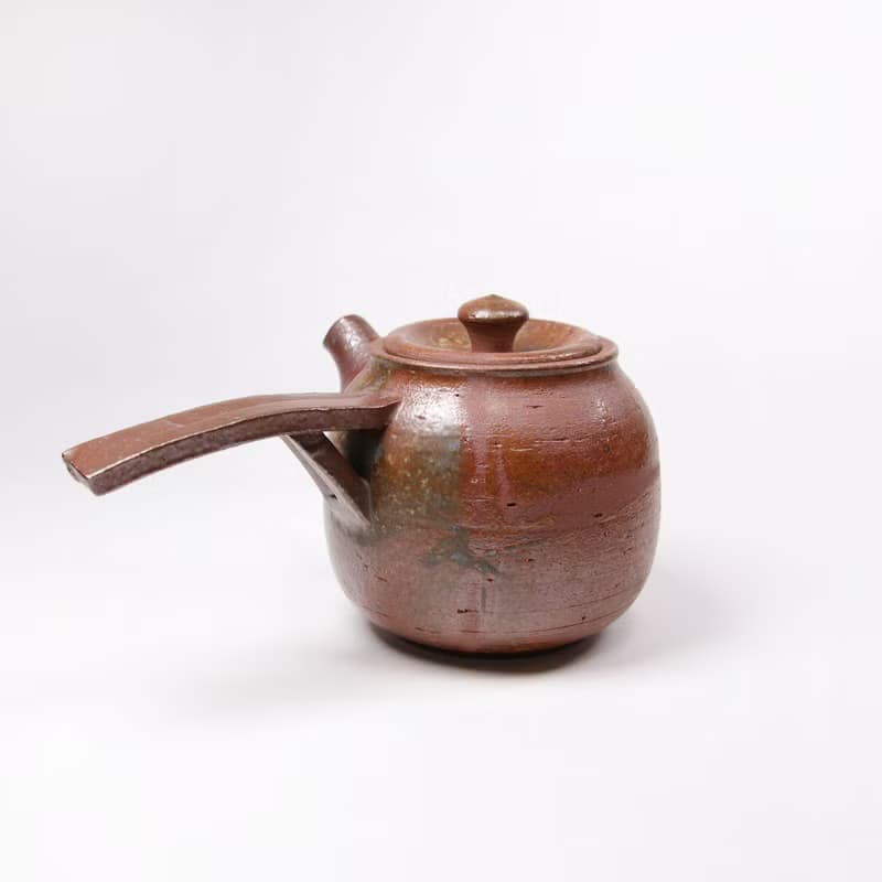 明芽窯 l 日式灰釉草紋側把 茶壺 急須 陶壺 陶藝品 蒐藏品 H4