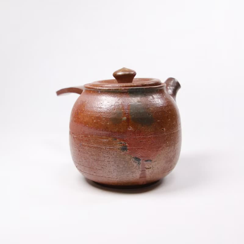明芽窯 l 日式灰釉草紋側把 茶壺 急須 陶壺 陶藝品 蒐藏品 H4