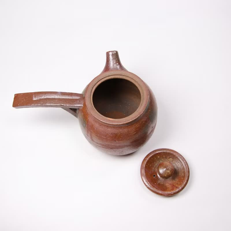 明芽窯 l 日式灰釉草紋側把 茶壺 急須 陶壺 陶藝品 蒐藏品 H4