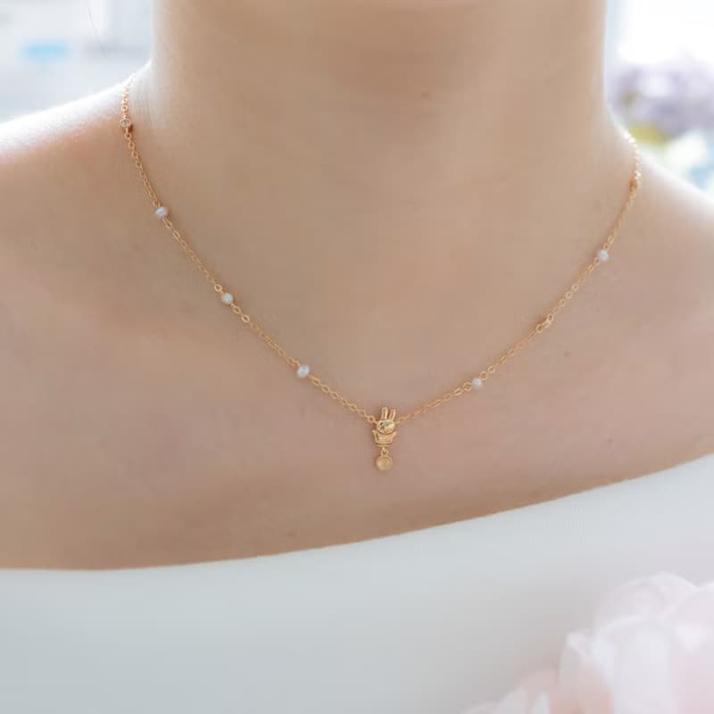 【Pinkoi x miffy】雨點上的Miffy珍珠純銀頸鏈 金色