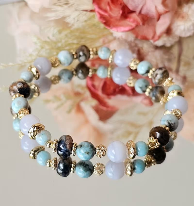 島嶼紋章-島嶼海紋石/拉利瑪/彼得石扁珠/藍紋瑪瑙/水晶手鍊/靜謐