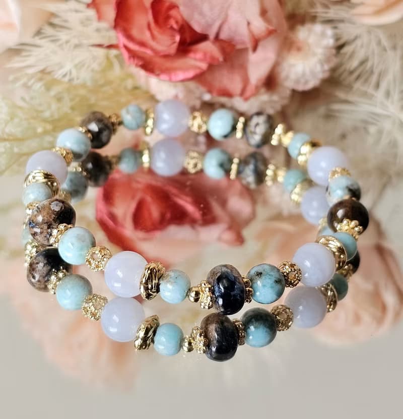 島嶼紋章-島嶼海紋石/拉利瑪/彼得石扁珠/藍紋瑪瑙/水晶手鍊/靜謐