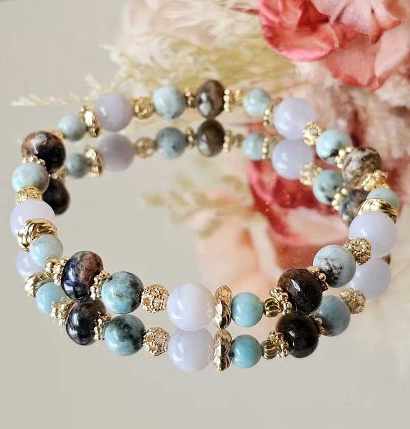 島嶼紋章-島嶼海紋石/拉利瑪/彼得石扁珠/藍紋瑪瑙/水晶手鍊/靜謐
