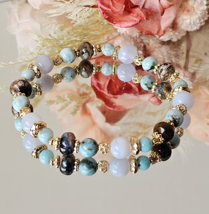島嶼紋章-島嶼海紋石/拉利瑪/彼得石扁珠/藍紋瑪瑙/水晶手鍊/靜謐