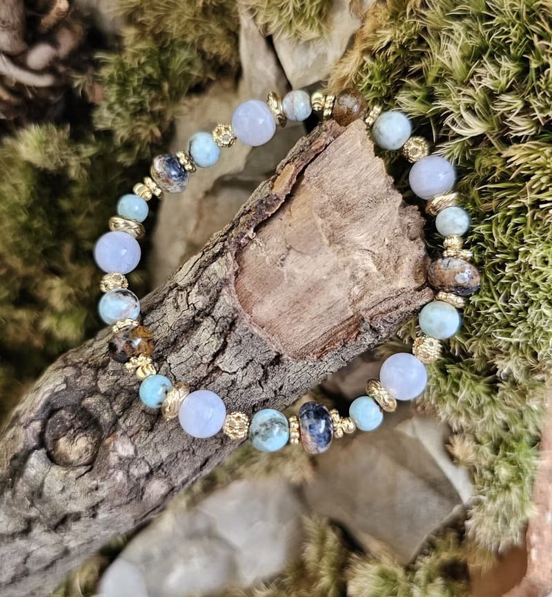 島嶼紋章-島嶼海紋石/拉利瑪/彼得石扁珠/藍紋瑪瑙/水晶手鍊/靜謐