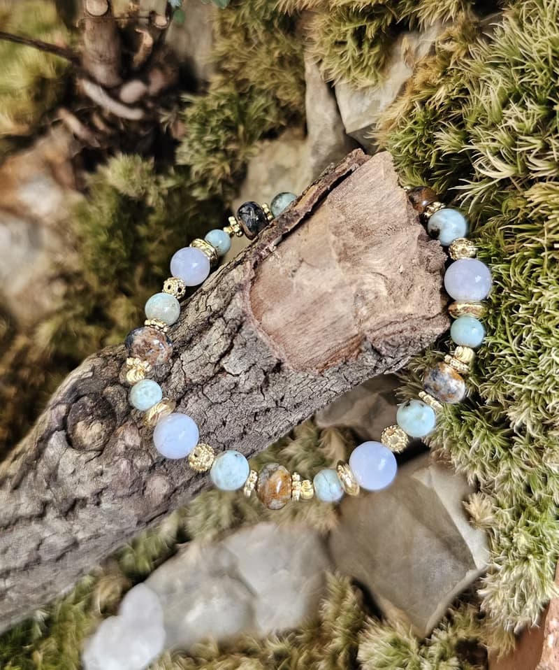 島嶼紋章-島嶼海紋石/拉利瑪/彼得石扁珠/藍紋瑪瑙/水晶手鍊/靜謐