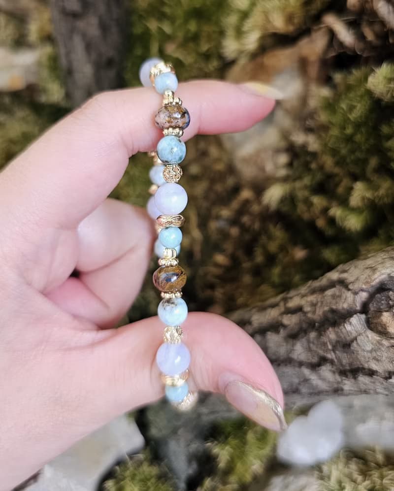 島嶼紋章-島嶼海紋石/拉利瑪/彼得石扁珠/藍紋瑪瑙/水晶手鍊/靜謐