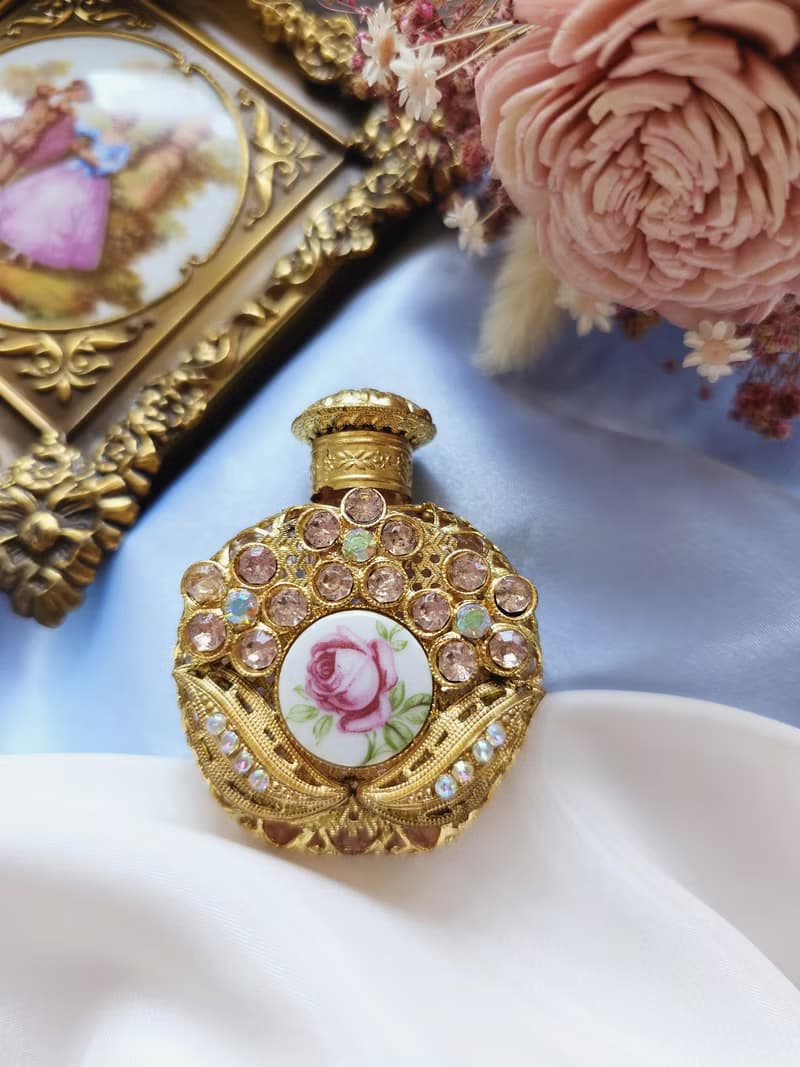 捷克工藝玻璃金絲掐紋萊茵瓷玫瑰香水瓶/美國西洋古董飾品