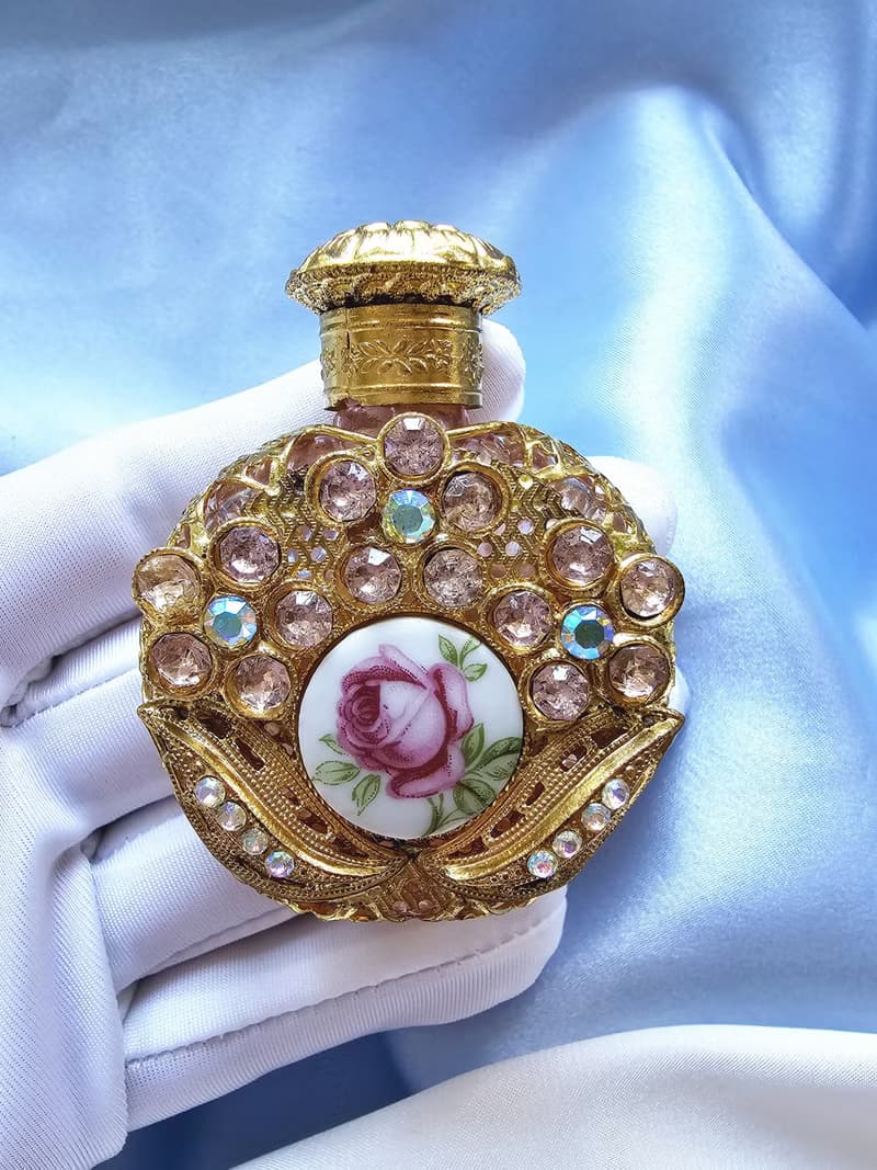 捷克工藝玻璃金絲掐紋萊茵瓷玫瑰香水瓶/美國西洋古董飾品