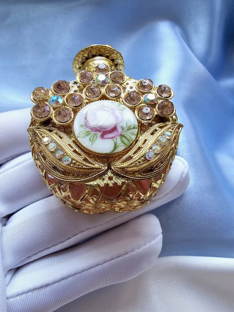 捷克工藝玻璃金絲掐紋萊茵瓷玫瑰香水瓶/美國西洋古董飾品