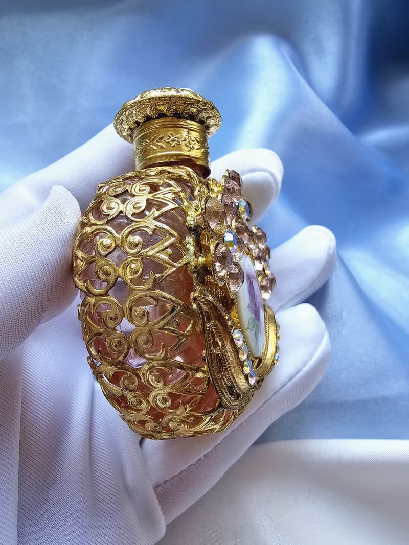 捷克工藝玻璃金絲掐紋萊茵瓷玫瑰香水瓶/美國西洋古董飾品