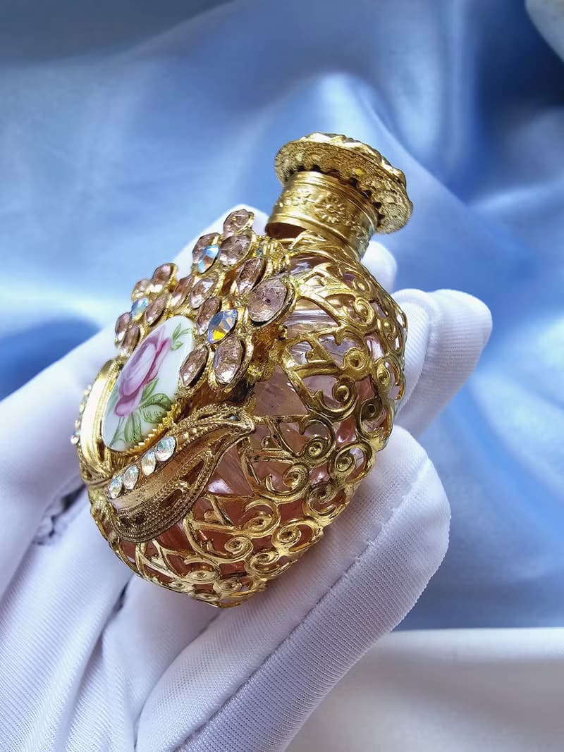 捷克工藝玻璃金絲掐紋萊茵瓷玫瑰香水瓶/美國西洋古董飾品