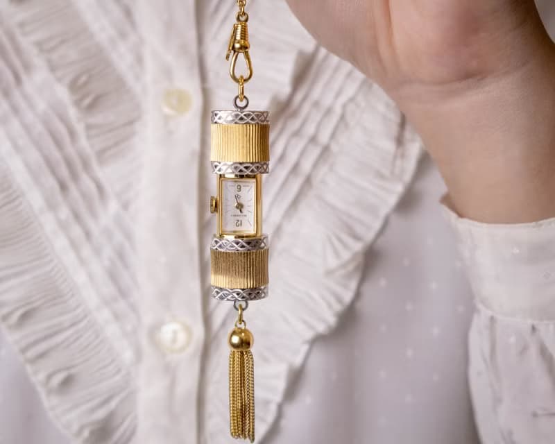 瑞士 Bucherer 名牌古董 Art Deco雙色刻紋流蘇 活動式項鍊錶墜鍊