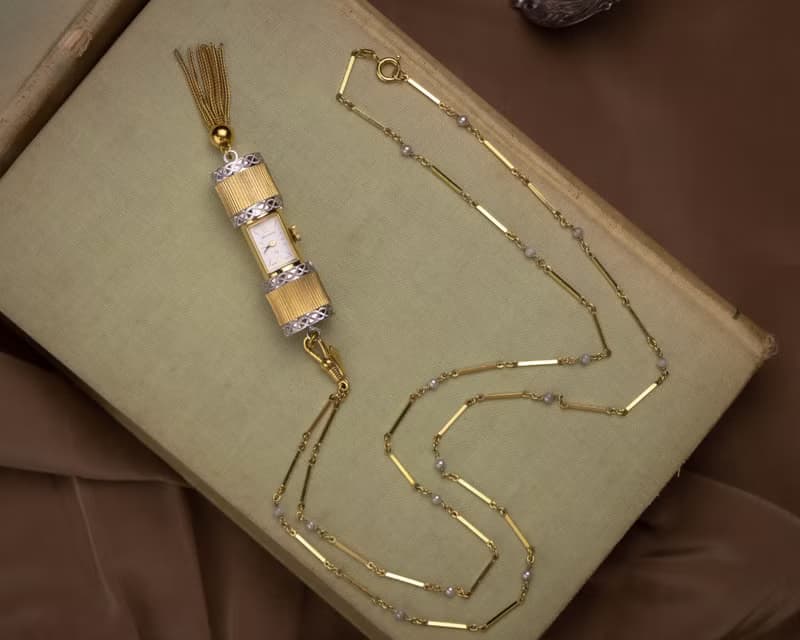 瑞士 Bucherer 名牌古董 Art Deco雙色刻紋流蘇 活動式項鍊錶墜鍊