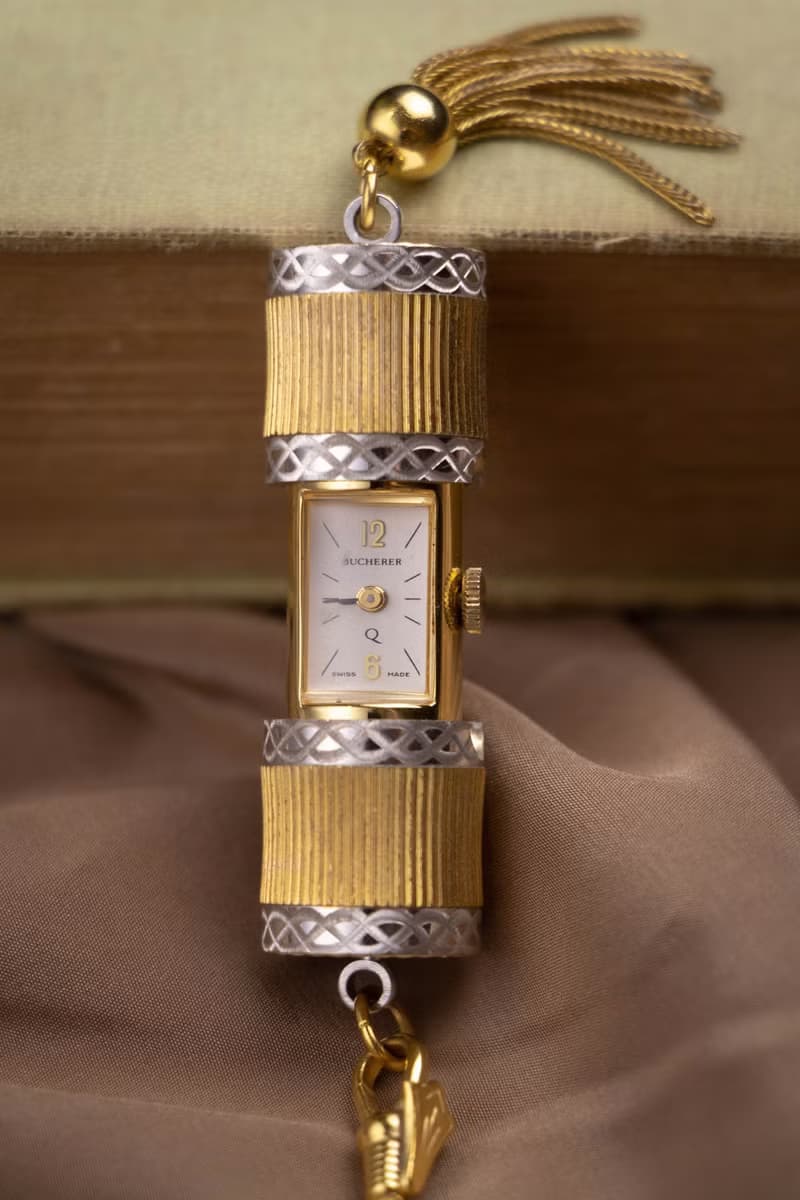 瑞士 Bucherer 名牌古董 Art Deco雙色刻紋流蘇 活動式項鍊錶墜鍊