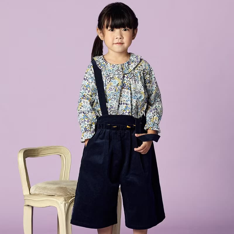 Ángeles-條絨吊帶寬管褲(藍/黃)