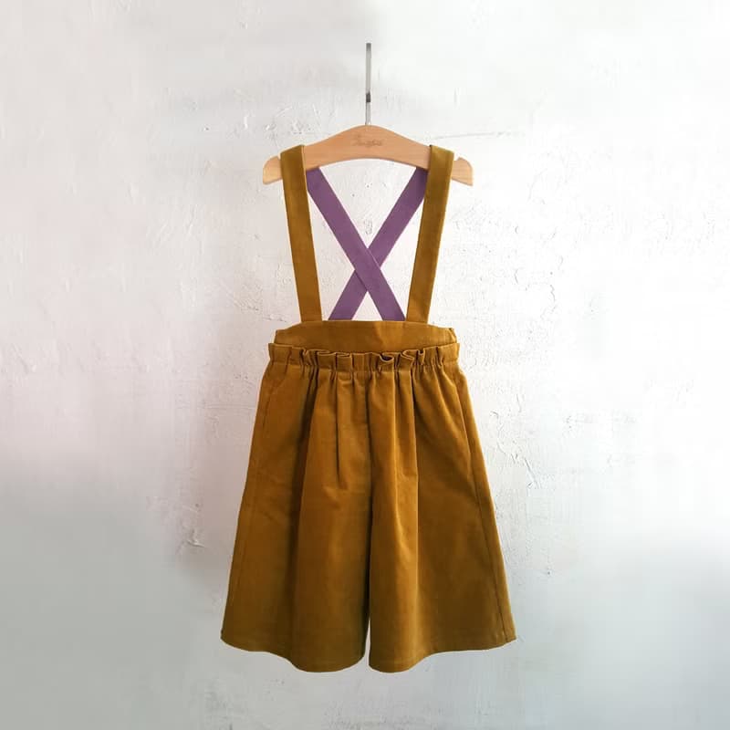 Ángeles-條絨吊帶寬管褲(藍/黃)