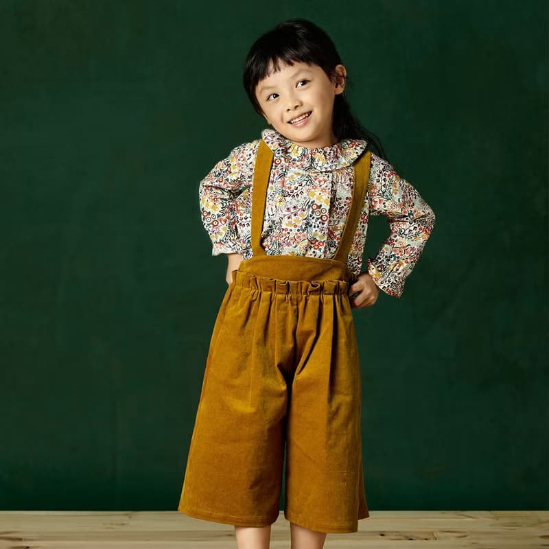 Ángeles-條絨吊帶寬管褲(藍/黃)