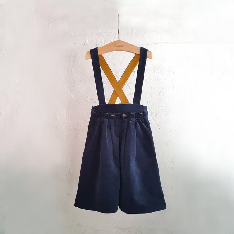 Ángeles-條絨吊帶寬管褲(藍/黃)